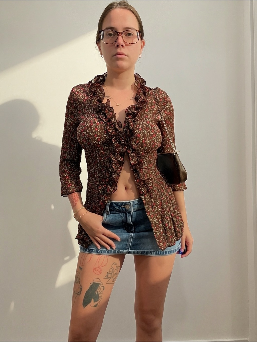 Floral Ruffle-Trim Brown Button Front Top - Picture 4 of 5